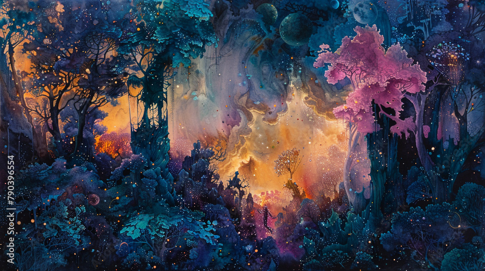 Surreal landscapes materialize as abstract watercolor forests bloom with the vibrant hues of celestial flora, weaving tapestries of otherworldly beauty in the heart of the cosmos. 