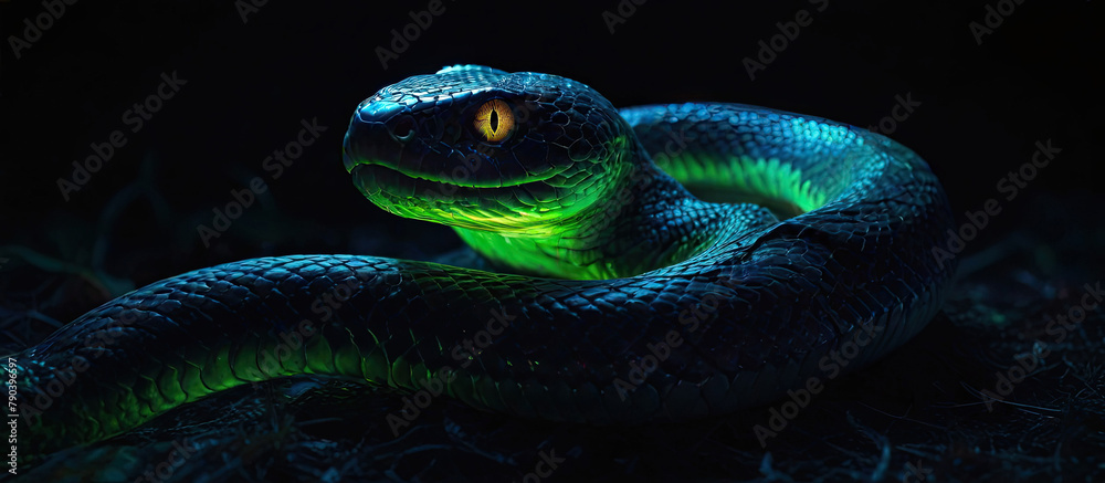 Fototapeta premium A green snake with neon glow and detailed scales on a dark background