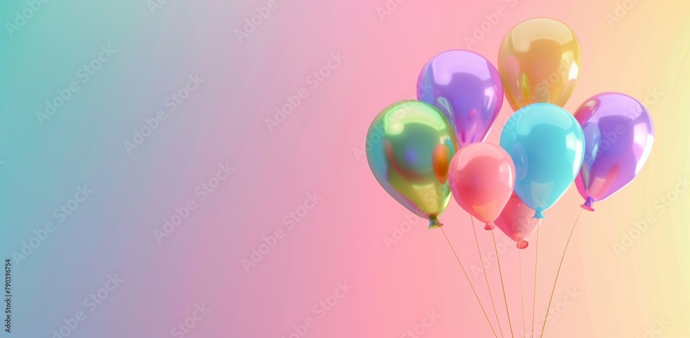 Color balloons on rainbow background. 3D render on multicolor gradient. Birthday celebration banner. Color balloons on rainbow background. 3D render on multicolor gradient. Birthday celebration banner.