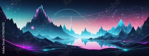 Minimalistic abstract background with geometric shapes and data points, technology illustration. Cybernetic landscape. #790396702