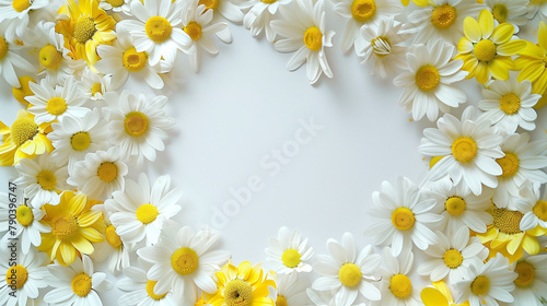 A continuous chain of yellow and white daisies arranged to form a bright and inviting floral frame. , natural light, soft shadows, with copy space, White background © Катерина Євтехова