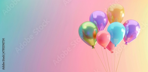 Color balloons on rainbow background. 3D render on multicolor gradient. Birthday celebration banner. 