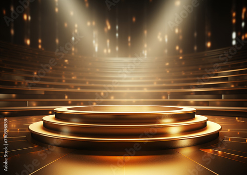 Podium with golden light lamps background. AI-Generated Image