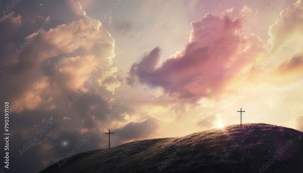 Obraz premium The Christianity themed with a dramatic beautiful of light vibrant background. Beautiful clouds, symbolizes humanity's hope for salvation