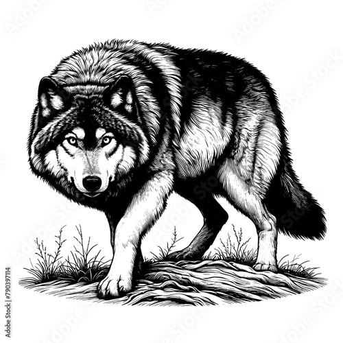 Full-length Timber Wolf lurking. Hand Drawn Pen and Ink. Vector Isolated in White. Engraving vintage style illustration for print, tattoo, t-shirt, sticker	