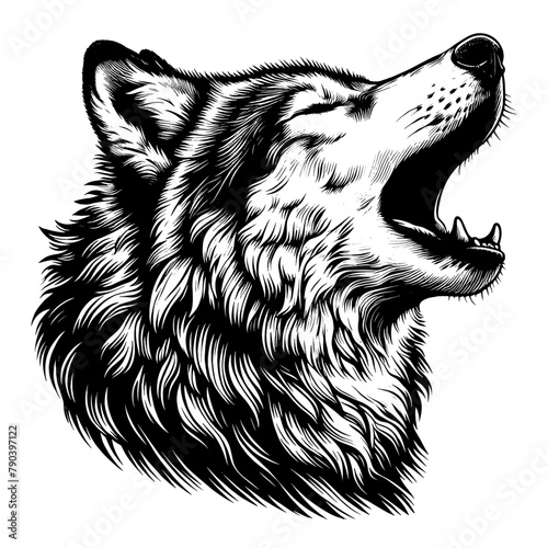 Timber Wolf Howling Portrait.  Hand Drawn Pen and Ink. Vector Isolated in White. Engraving vintage style illustration for print, tattoo, t-shirt, sticker	