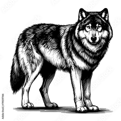 Full-length Timber Wolf standing. Hand Drawn Pen and Ink. Vector Isolated in White. Engraving vintage style illustration for print, tattoo, t-shirt, sticker	