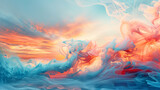 Swirls of coral smoke drifting through an azure sky, painting the horizon with strokes of vibrant warmth and tropical allure. 