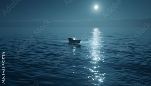 Under the glowing moonlight, a single glass bottle with a visible message inside floats on the calm, midnight blue sea.