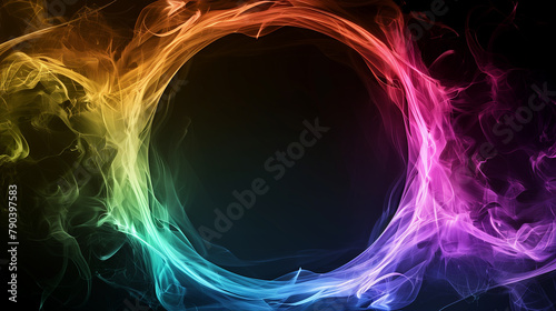 Vibrant Nebular Smoke Ring on Black Background - A vibrant, colorful nebula-like smoke ring creates an abstract spectacle on a dark background, suggestive of cosmic activity. photo
