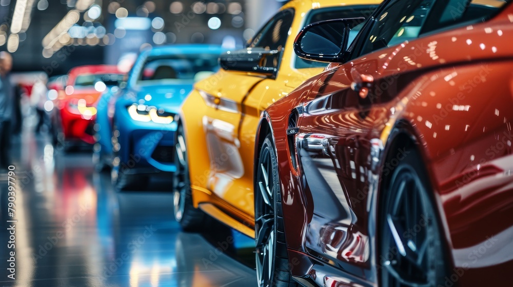 Close up sports cars in the showroom on bokeh background, light reflection. supercars. Close up sports cars in the showroom on bokeh background, light reflection. supercars.