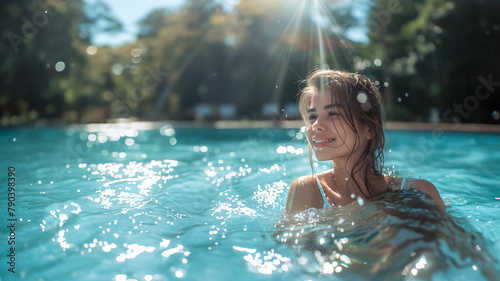 プールで泳ぐ水着を着た笑顔の女性 © Haru Works