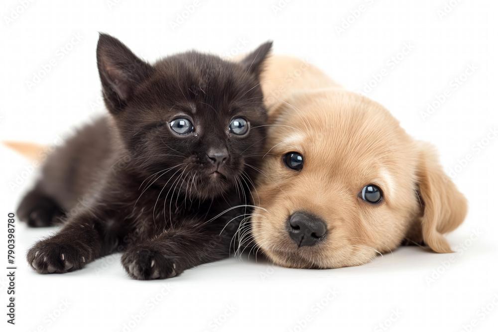 A black kitten and a brown Labrador puppy lie next to each other. Isolated on a white background A black kitten and a brown Labrador puppy lie next to each other. Isolated on a white background