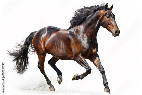A brown horse is running on a white background. The horse has a long mane and tail, and its legs are spread wide apart. Concept of freedom and energy. Isolated on white background © Aaron Weiss
