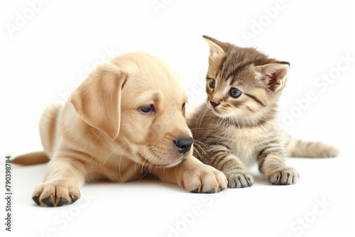 Labrador puppy and small kitten lie on a white background