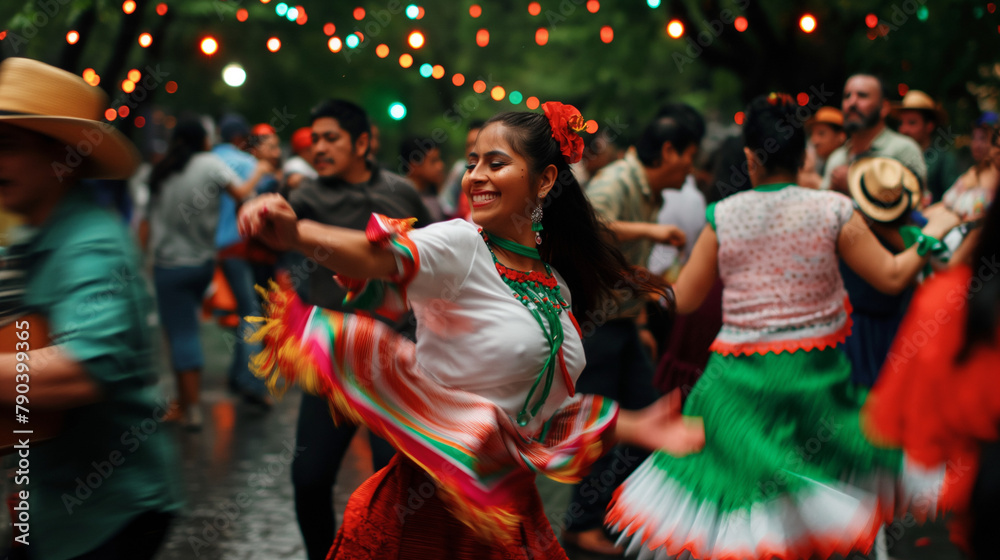 Young woman in vibrant attire dancing at Cinco de Mayo, motion blur highlighting her movement.