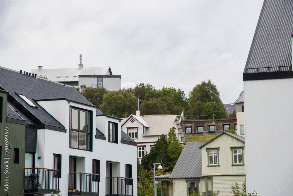 Beautiful buildings in the city center of Akureyri Beautiful buildings in the city center of Akureyri