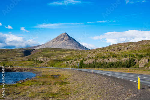 View towards mountain Baula in Borgarfjordur in Iceland