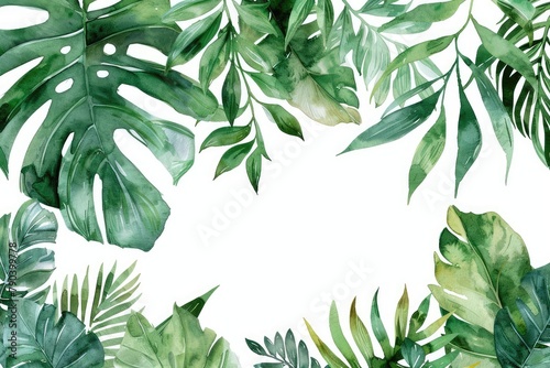 Watercolor branches and leaves of tropical plants. Natural green background with space for text. Watercolor leaves.