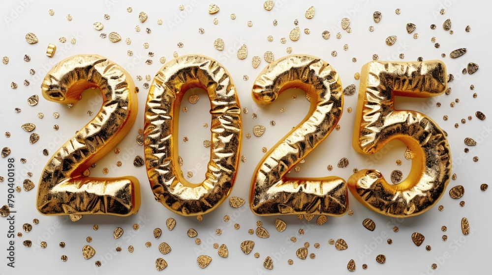 Happy New Year background with 2025 shiny golden numbers and confetti, glitter isolated on white background. Festive celebration banner Happy New Year background with 2025 shiny golden numbers and confetti, glitter isolated on white background. Festive celebration banner