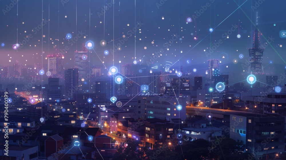 Fototapeta premium A futuristic cityscape with holographic 5G network symbols floating above skyscrapers showcasing hyper connectivity and advanced wireless technology