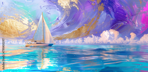 Voyage Through Dreams: A Solitary Sailboat Gliding Across a Fantastical Painted Seascape - A Visionary Image for Creative Storytelling and Inspirational Artworks
