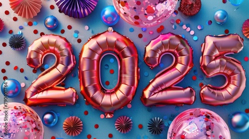 Happy New Year background with 2025 shiny numbers made of air balloons. Festive celebration banner