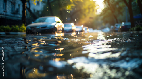 Water flooding a city street, captured to show the impact of extreme rainfall and flash flooding. , natural light, soft shadows, with copy space, blurred background photo