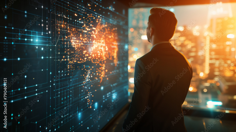 A businessman monitoring a blockchain network on a large digital screen, emphasizing innovations in secure business transactions. , natural light, soft shadows, with copy space, bl