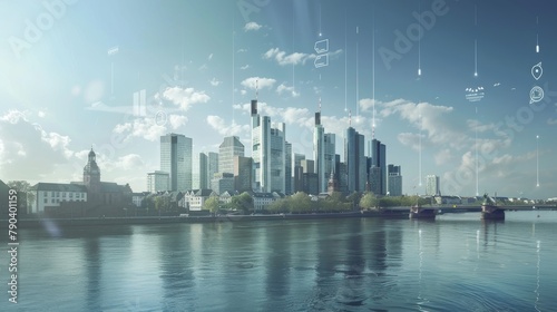 A futuristic cityscape with holographic 5G network symbols floating above skyscrapers showcasing hyper connectivity and advanced wireless technology