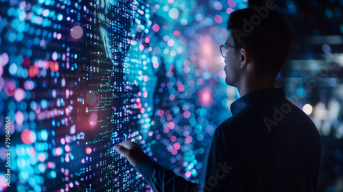 A businessman monitoring a blockchain network on a large digital screen, emphasizing innovations in secure business transactions. , natural light, soft shadows, with copy space, bl