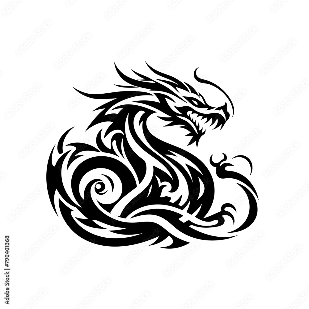 water dragon in modern tribal tattoo, abstract line art of people, minimalist contour. Vector