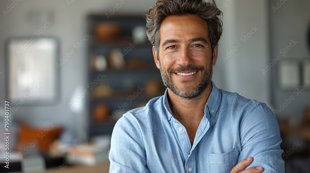 Obraz premium Happy young smiling confident professional business man wearing blue shirt, pretty stylish male executive looking at camera, standing arms crossed at grey background concept.