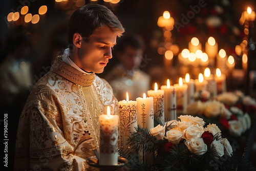 Clergyman in candlelit devotion photo