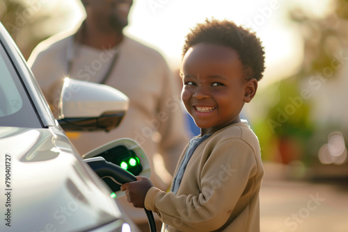 Young boy with a smile charging an electric car