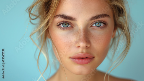 Portrait of beautiful woman. Woman with blonde hair takes care about skin. Beauty concept. Skin concept. Woman concept. Care concept.