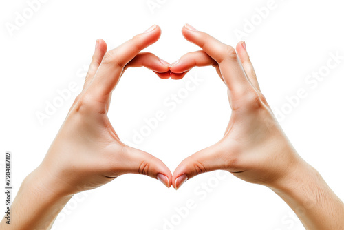 Two hands create a heart shape isolated on white background, conveying love and unity. photo