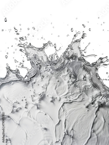 Isolated clear water splash with droplets frozen in motion on white background photo