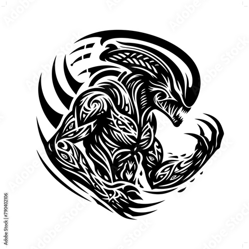 alien predator in modern tribal tattoo, abstract line art of horror character, minimalist contour. Vector