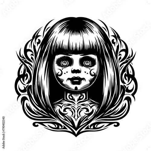 Annabelle; doll in modern tribal tattoo, abstract line art of horror character, minimalist contour. Vector