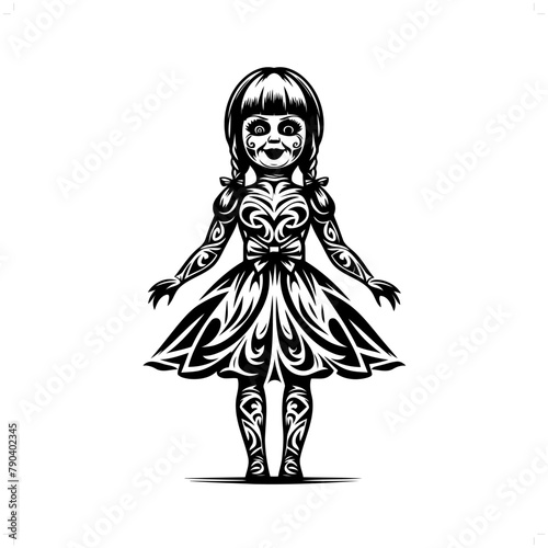 Annabelle; doll in modern tribal tattoo, abstract line art of horror character, minimalist contour. Vector