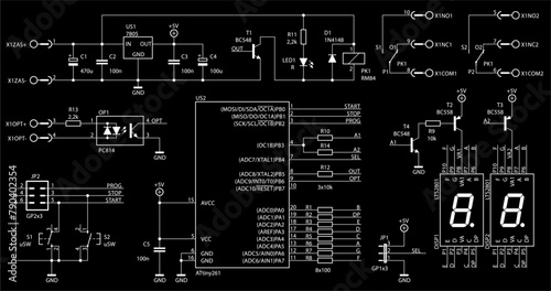 Schematic diagram of electronic device. Vector drawing electrical circuit with led, microcontroller, integrated circuit, button, resistor, capacitor, diode, transistor on background of paper sheet.