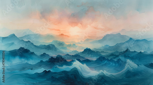 Timeless vistas emerge as abstract watercolor waves merge with the tranquil hues of twilight skies and the gentle lullaby of celestial harmonies, sculpting landscapes of eternal tranquility.  photo