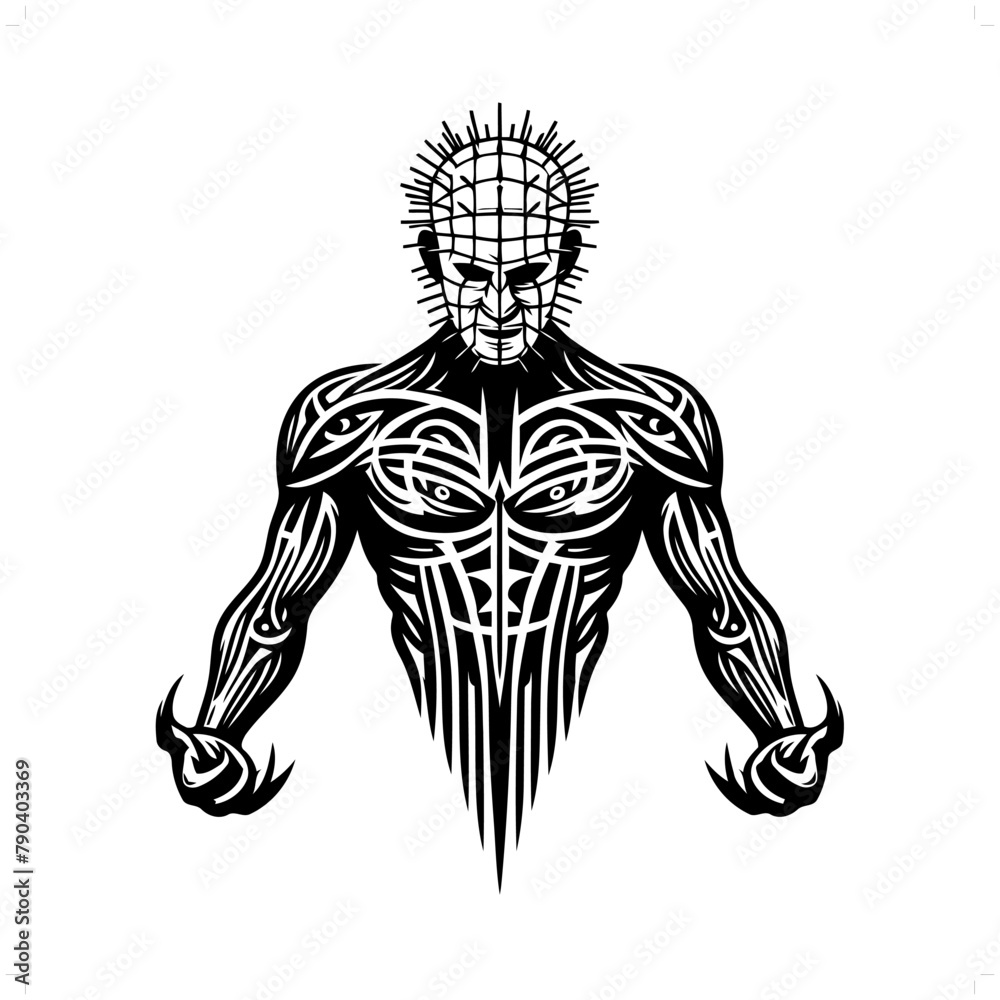 hellraiser in modern tribal tattoo, abstract line art of horror character, minimalist contour. Vector