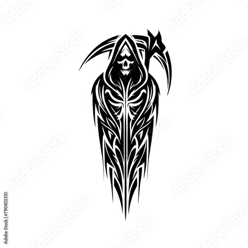 grim reaper in modern tribal tattoo, abstract line art of horror character, minimalist contour. Vector