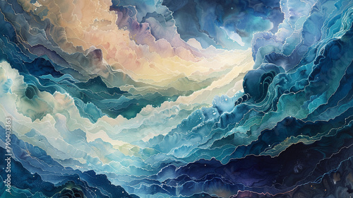 Transcendent realms materialize as abstract watercolor waves embrace the crystalline shores of a celestial sea, reflecting the boundless depths of cosmic imagination.  photo