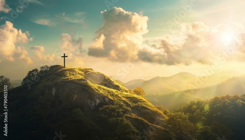The Christianity themed with a dramatic beautiful of light vibrant background. Beautiful clouds, symbolizes humanity's hope for salvation photo