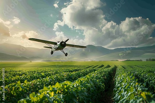 Vintage Aircraft Gliding Over Verdant Agricultural Fields at Sunset
