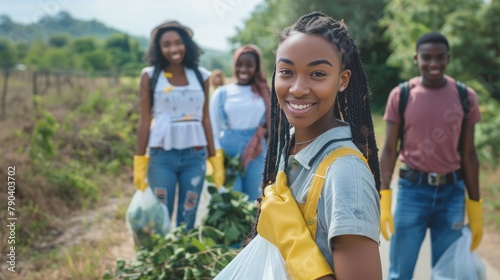 Young African American Woman Volunteering for Environmental Clean-Up with Group