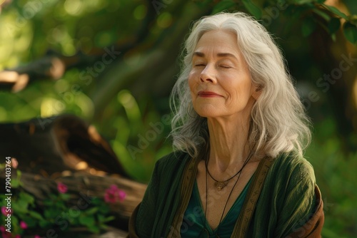 Mature White-Haired Woman in Reflective Serenity Amongst Lush Greenery